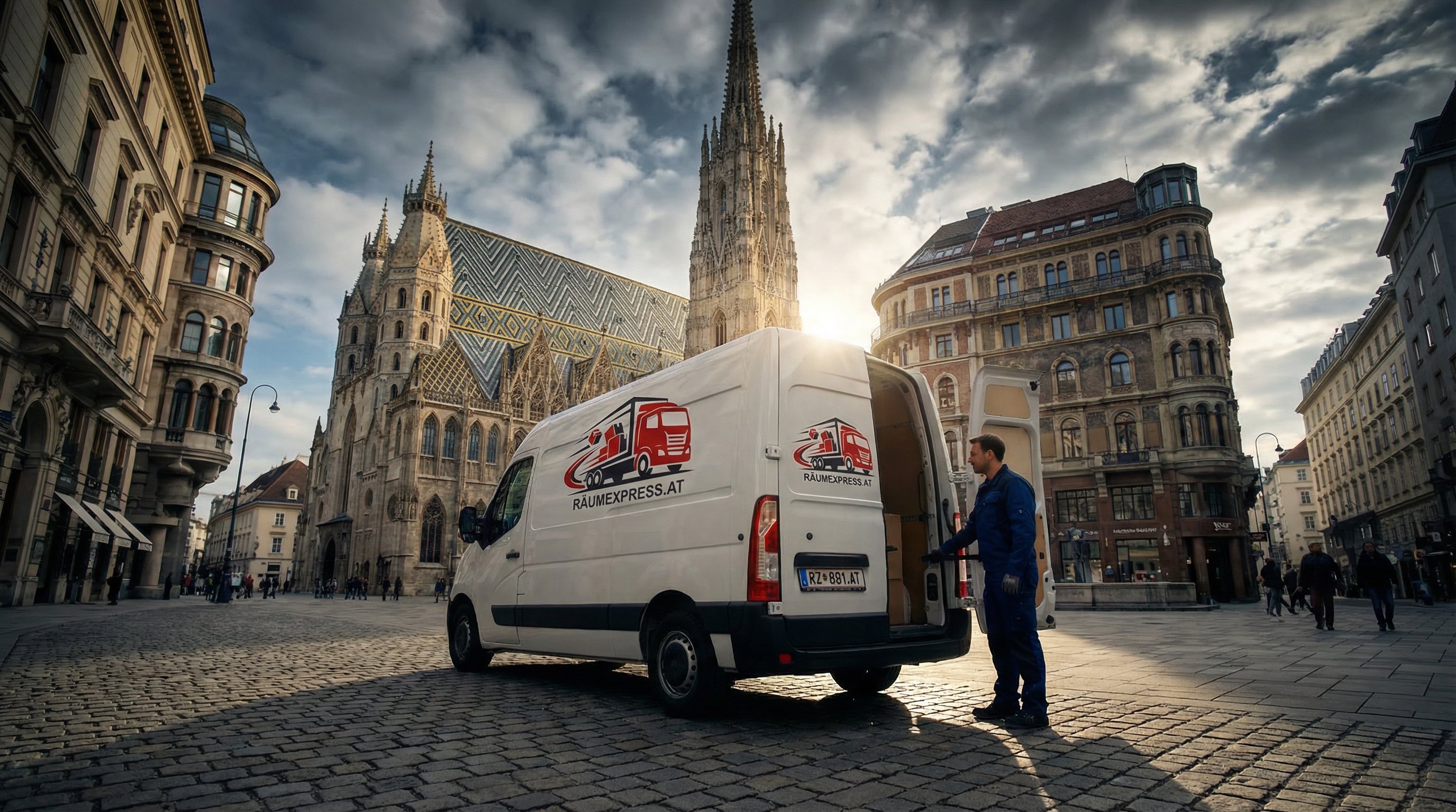 R\u00e4umexpress Transporter vor dem Stephansdom in Wien